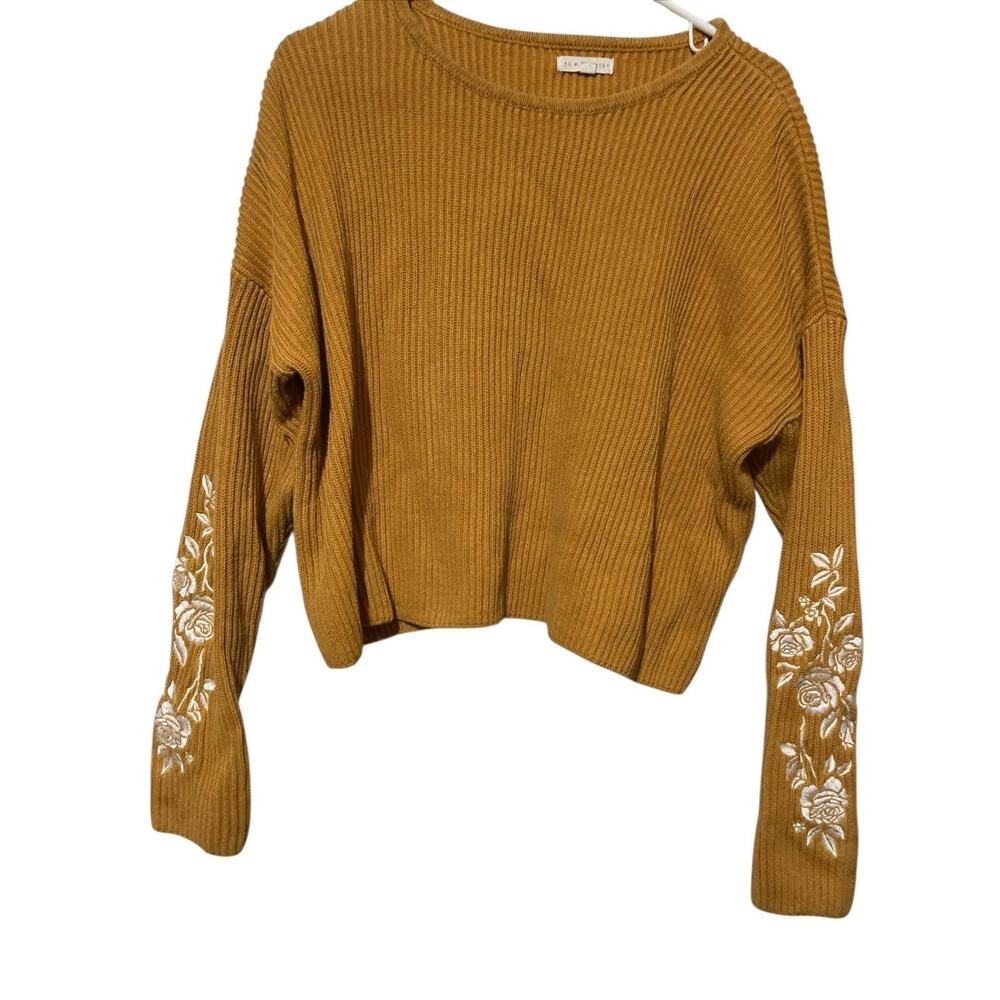 LA HEARTS Knit Sweater Size L Mustard Yellow W Floral Embroidery Romantic‎